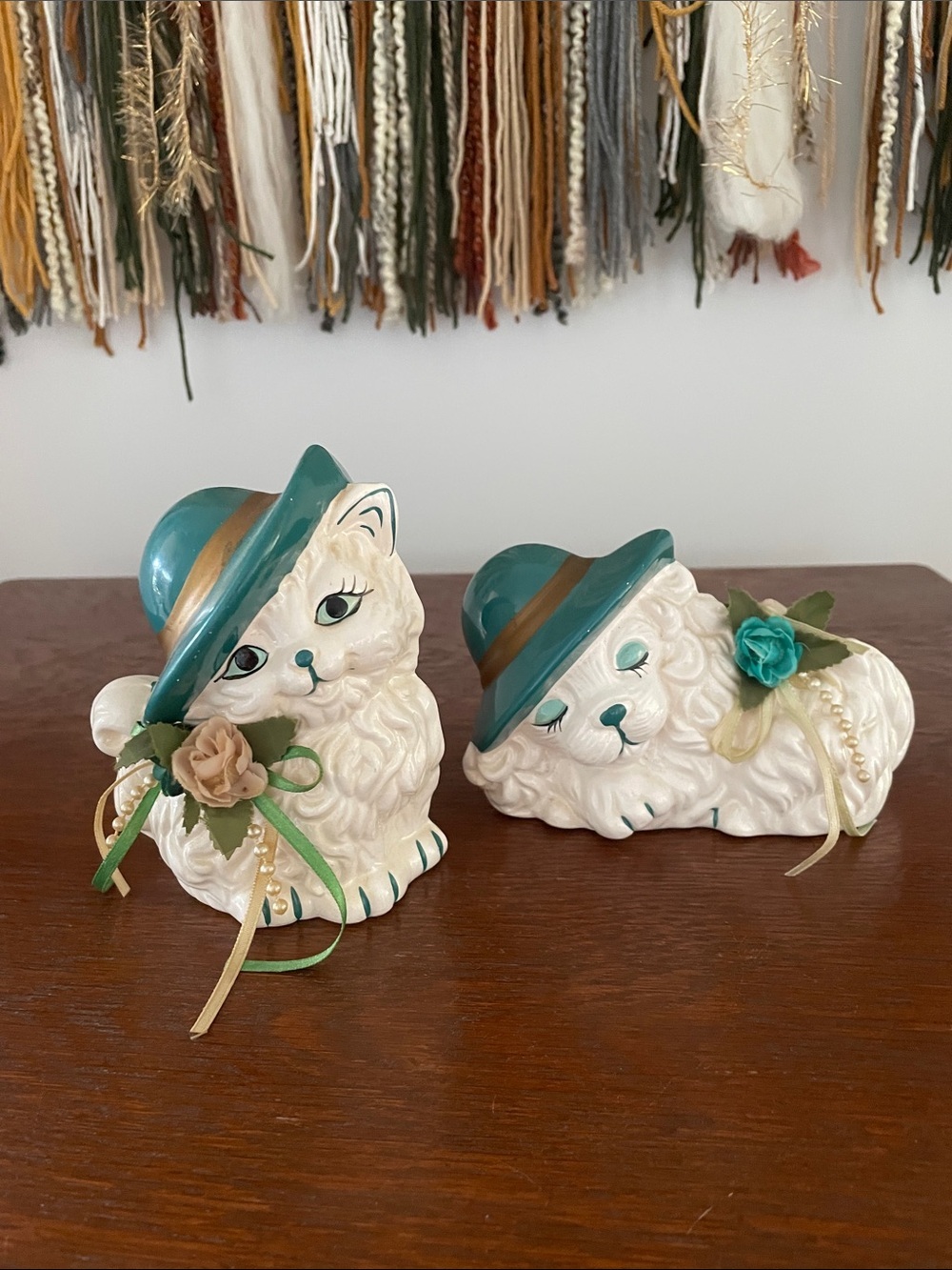 Vintage Ceramic Kitty & Puppy Figurines with Teal Hats